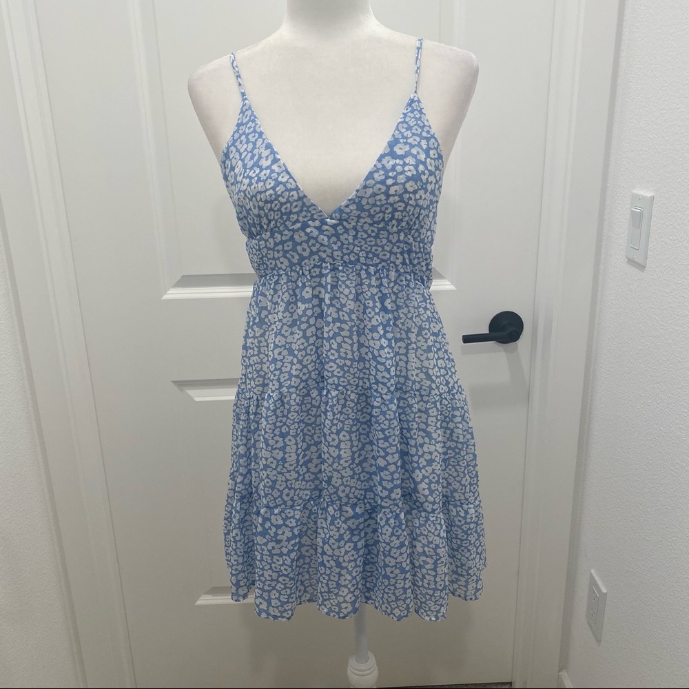 Blue and white leopard print spring / summer dress adjustable spaghetti strap
